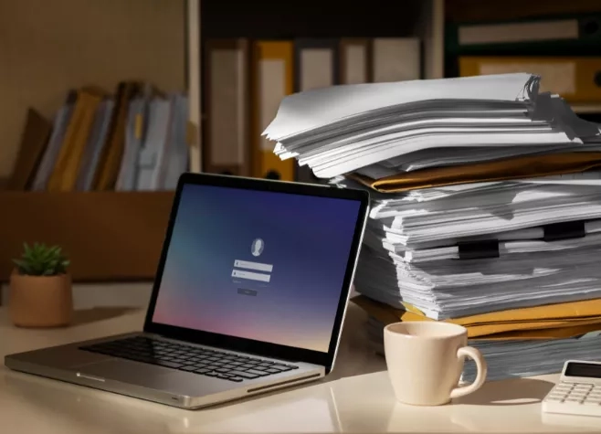 ordinateur avec documents papier